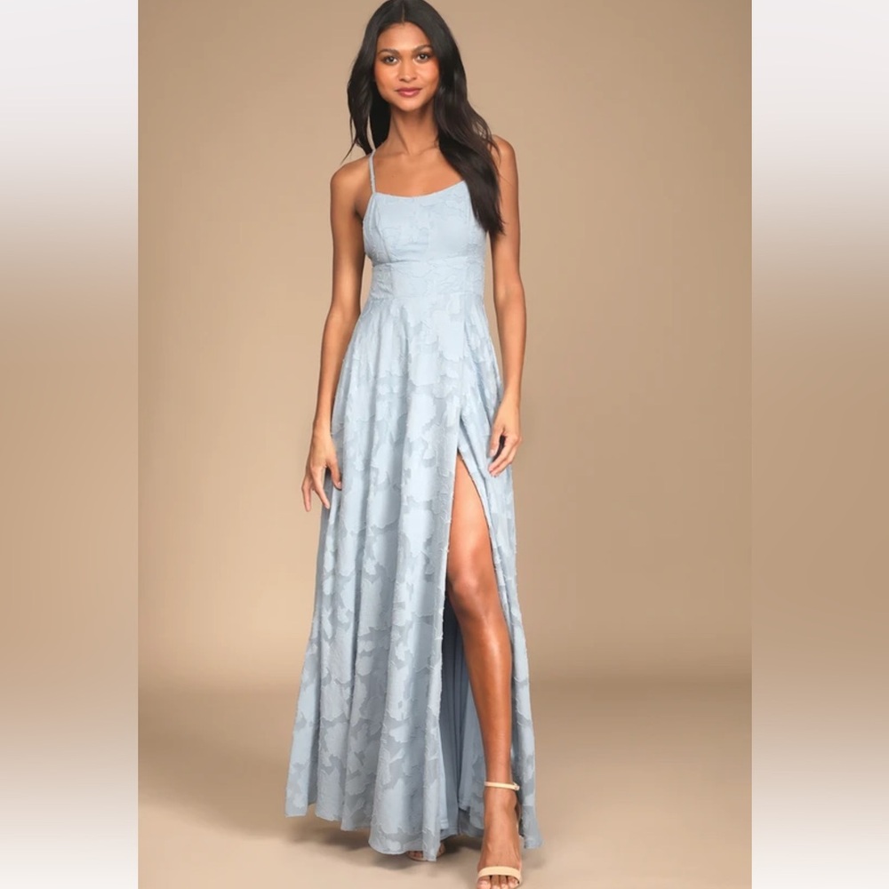 Lulu's Let There Be Romance Light Blue Lace Slit full length formal fancy dress